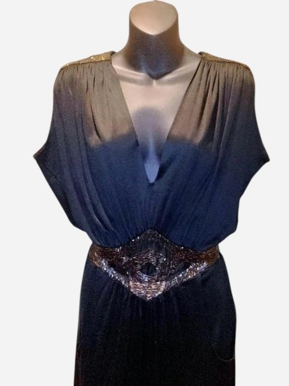 SEDUCE Black Beaded Evening Jumpsuit Button Detail Metallic Waist Plunge